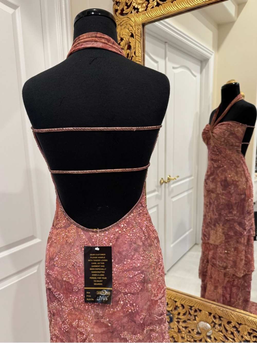 Sparkling hand beaded, layered skirt Mauve Halter Maxi Dress stretch fabric - Picture 10 of 16